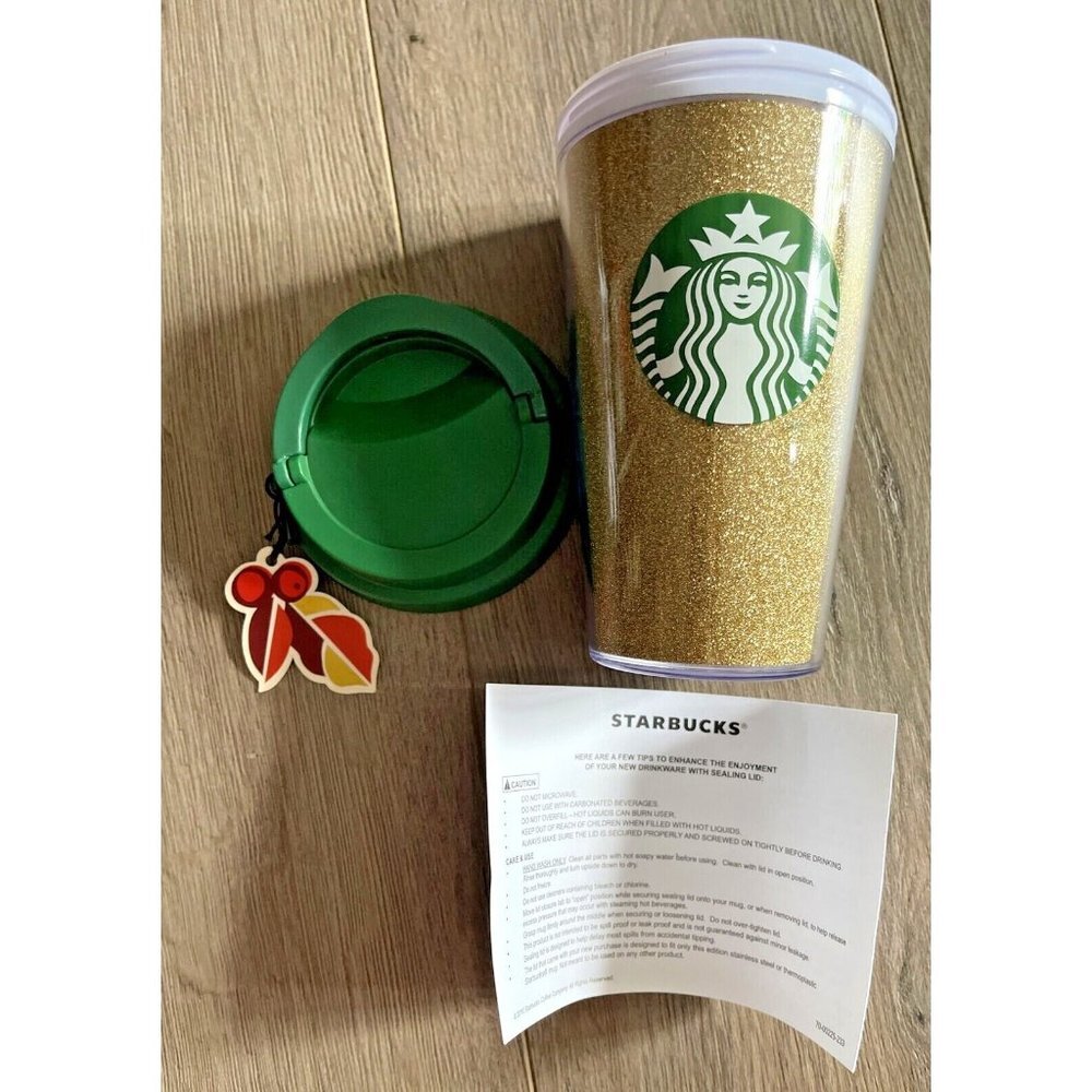 2010 Starbucks Holiday Tumbler GOLD‎ GLITTER 16 ounce Cold Cup Green Lid NEW